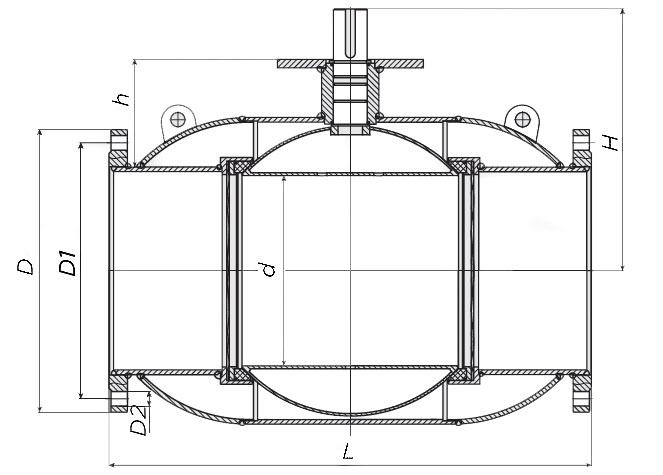 Эскиз размеров крана шарового Also КШ.Ф.П.Р.150.16-01 Ду150 Ру16 полнопроходной, фланцевый