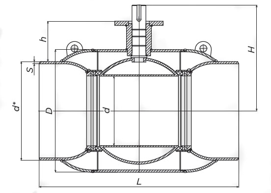 Эскиз размеров кранов шаровых ALSO КШ.П.П.Р-02 Ду15-150 Ру16/40 полнопроходных, под приварку