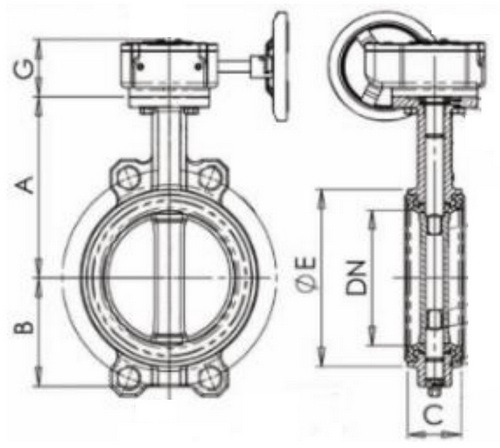 Затвор дисковый поворотный Benarmo Ду150 Ру16 чугунный с нержавеющим диском, межфланцевый с редуктором