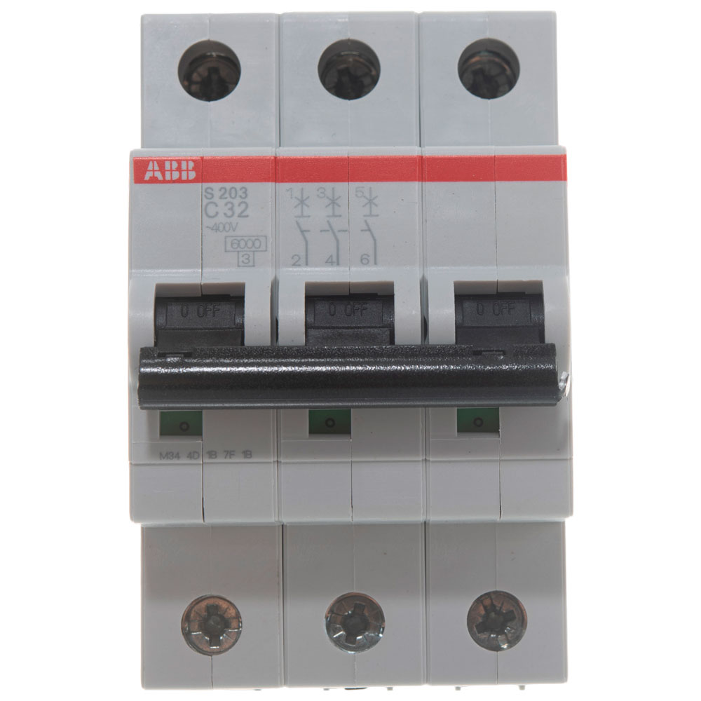 Автоматический выключатель трехполюсный ABB S203 3P 32А (С) 6kА, сила тока 32 А, тип расцепления C, отключающая способность 6 kА