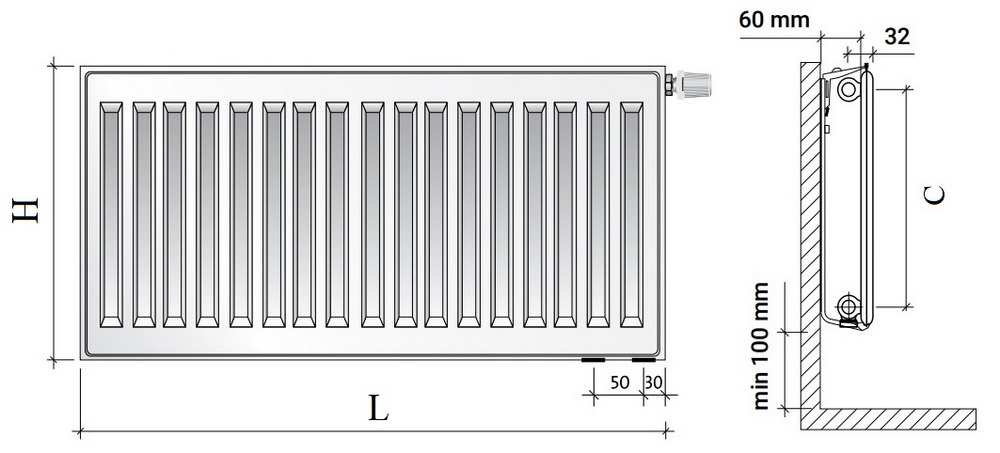 Радиатор панельный Royal Thermo VENTIL HYGIENE VH10 1195кВт настенный, высота - 600 мм, длина 1200 мм, количество панелей - 1, присоединение резьбовое - 1/2″, подключение - нижнее (левое-правое), гигиеническое исполнение, стальной, цвет - белый RAL-9016