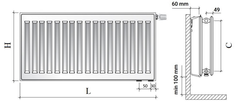 Радиатор панельный Royal Thermo VENTIL HYGIENE VH20 1.156кВт настенный, высота - 200 мм, длина 1800 мм, количество панелей - 2, присоединение резьбовое - 1/2″, подключение - нижнее (левое-правое), гигиеническое исполнение, стальной, цвет - белый RAL-9016