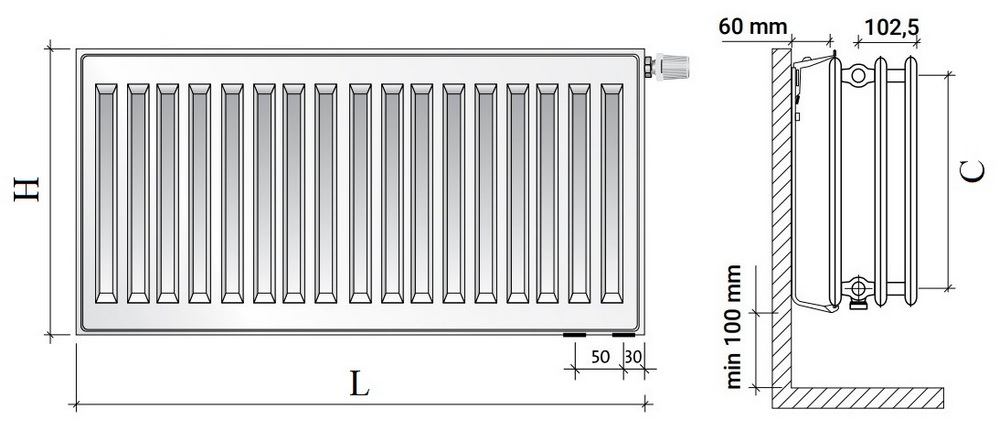 Радиатор панельный Royal Thermo VENTIL HYGIENE VH30 1.698кВт настенный, высота - 400 мм, длина 1000 мм, количество панелей - 3, присоединение резьбовое - 1/2″, подключение - нижнее (левое-правое), гигиеническое исполнение, стальной, цвет - белый RAL-9016