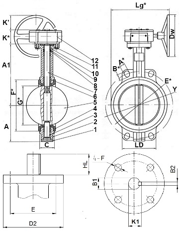 Затвор поворотный дисковый межфланцевый ABRA BUV-VF843D серии G Ду400 Ру16 чугунный, диск из бронзы, уплотнение NBR, с редуктором