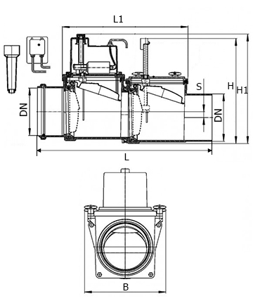 Клапан обратный канализационный HL 710.2EPC Дн110 безнапорный с электроприводной заслонкой, ручным затвором, прочисткой и выходом для ПК