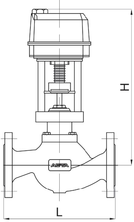 Клапан регулирующий АСТА Р123-CM-2 Ду80 Ру25, фланцевый разгруженный, корпус – высокопрочный чугун, Тmax=220°C, с пневмоприводом ППМ560 (0.8-2.4) и ЭПП121 (4-20 мА)