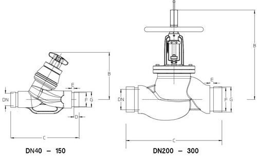 Клапан балансировочный Cimberio 3739G Ду250 Ру16 ручной Kvs=866 под приварку, с измерительными ниппелями,  корпус - чугун EN-JL 1040