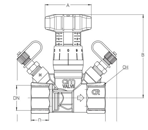 Клапан балансировочный Cimberio 787DP 2″ Ду50 Ру25 ручной Kvs=15,06 внутренняя резьба, с тройником для трубки, корпус - латунь CR 