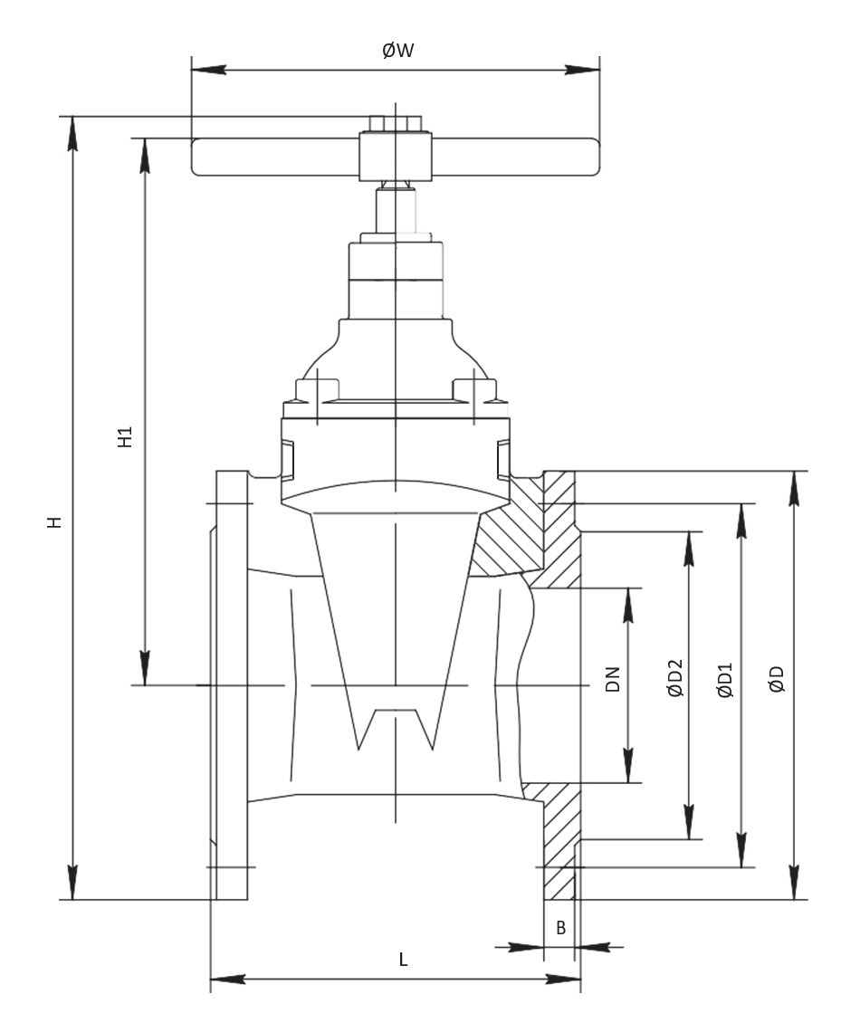 Задвижка клиновая Dendor 47GV.111121.3021.21.40000 Ду80 Ру16 с обрезиненным клином, чугунная, уплотнение - EPDM, фланцевая, со штурвалом и механическим указателем положения
