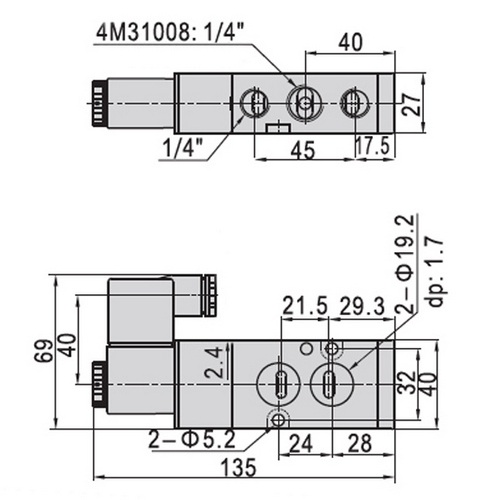Краны шаровые нержавеющие 3-ходовые L-тип стандартнопроходные DN.ru RP.SS316.200.MM.010(-100)-ISO Ду10-100 Ру63, муфтовые с ISO фланцем с пневмоприводами DN.ru-DA, пневмораспределителем 4M310-08 24В и блоком концевых выключателей APL-210N