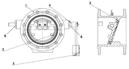 Клапан обратный DN.ru VCD1313E-F Ду200 Ру10/16 поворотный, корпус - чугун GGG50, диск - чугун GGG50, уплотнение - EPDM, присоединение - фланцевое, с наклонным диском и противовесом