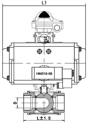 Кран шаровой нержавеющий 3-ходовой T-тип стандартнопроходной DN.ru RP.SS316.200.MM.050-ISO Ду50 Ру63 SS316 муфтовый, пневмоприводом SA-083, пневмораспределителем 4M310-08 220В и блоком концевых выключателей APL-410N EX