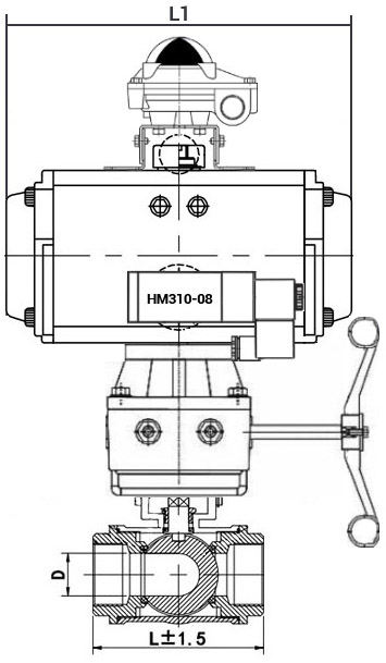 Кран шаровой нержавеющий 3-ходовой L-тип стандартнопроходной DN.ru RP.SS316.200.MM.025-ISO Ду25 Ру63 SS316 муфтовый, пневмоприводом DA-065, пневмораспределителем 4M310-08 24В, БКВ APL-410N EX и ручным дублером HDM-1