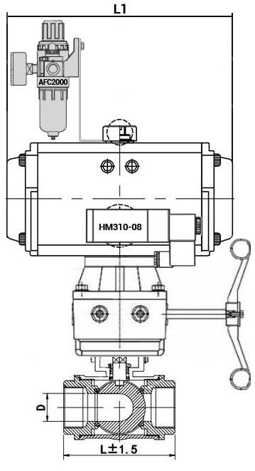 Кран шаровой нержавеющий 3-ходовой T-тип стандартнопроходной DN.ru RP.SS316.200.MM.040-ISO Ду40 Ру63 SS316 муфтовый с ISO фланцем, пневмоприводом DA-065, пневмораспределителем 4M310-08 220 В, ручным дублером HDM-1 и БПВ AFC2000
