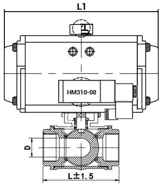 Кран шаровой нержавеющий 3-ходовой T-тип стандартнопроходной DN.ru RP.SS316.200.MM.080-ISO Ду80 Ру63 SS316 муфтовый c пневмоприводом DN.ru DA-083 c пневмораспределителем DN.ru 4M310-08 24В