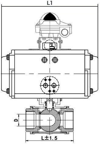 Кран шаровой нержавеющий 3-ходовой T-тип стандартнопроходной DN.ru RP.SS316.200.MM.032-ISO Ду32 Ру63 SS316 муфтовый, пневмоприводом DA-052 и блоком концевых выключателей APL-410N EX