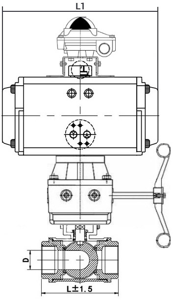 Кран шаровой нержавеющий 3-ходовой T-тип стандартнопроходной DN.ru RP.SS316.200.MM.050-ISO Ду50 Ру63 SS316 муфтовый, пневмоприводом DA-065, БКВ APL-210N и ручным дублером HDM-1