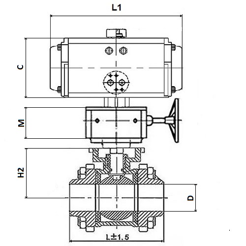 Кран шаровой DN.ru КШПП 316.200-ISO Ду80 Ру63 SS316 полнопроходной под приварку, корпус - нержавеющая сталь с пневмоприводом DN.ru DA-083 и ручным дублером HDM-2
