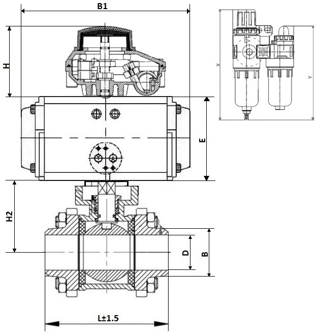 Кран шаровой DN.ru КШПП 316.200-ISO Ду32 Ру63 полнопроходной, нержавеющая сталь SS316, под приварку, с пневмоприводом DN.ru DA-052, пневмораспределителем 4V320-08 AC220V, БКВ APL-210N и БПВ AFC2000