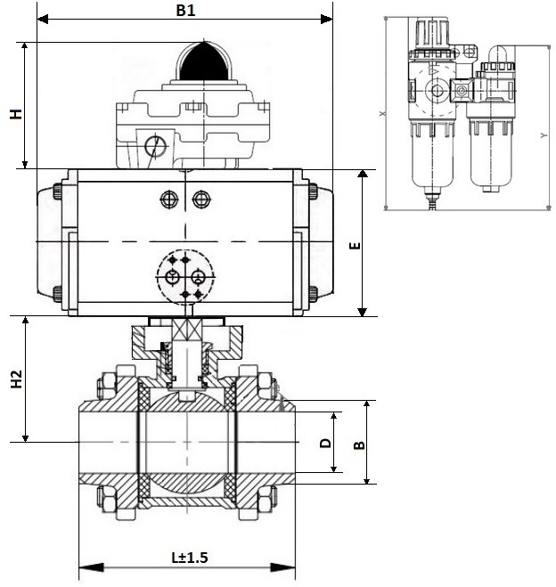 Кран шаровой DN.ru КШПП 316.200-ISO Ду65 Ру63 полнопроходной, нержавеющая сталь SS316, под приварку, с пневмоприводом DN.ru DA-083, пневмораспределителем 4V320-10 AC220V, БКВ APL-410N EX и БПВ AFC2000