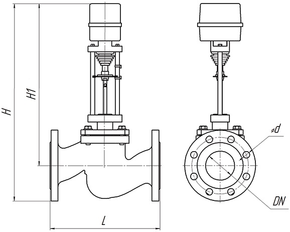 Клапан регулирующий двухходовой DN.ru 25ч945п Ду65 Ру16 Kvs25, серый чугун СЧ20, фланцевый, Tmax до 150°С с электроприводом Катрабел TW-500-XD220