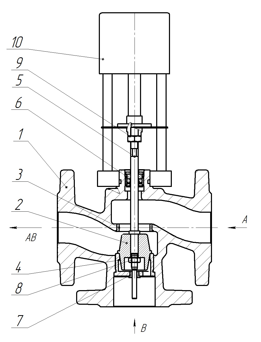 Клапан регулирующий трехходовой смесительный КССР серии 100 Ду40 Ру16 Kvs10 серый чугун СЧ20, фланцевый, Tmax до 150°С с электроприводом Катрабел TW-500-XD220
