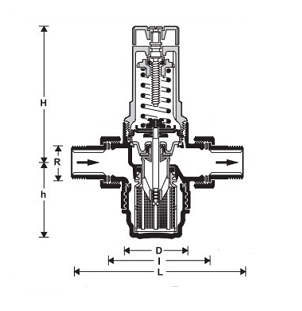Эскиз Регулятор давления Honeywell D06FH 1 1/2″ Ду40 Ру25 наружная резьба/американка, латунный, мембранный, с выходом под манометр, Рн = 1,5 - 12 бар (D06FH - 1 1/2B)
