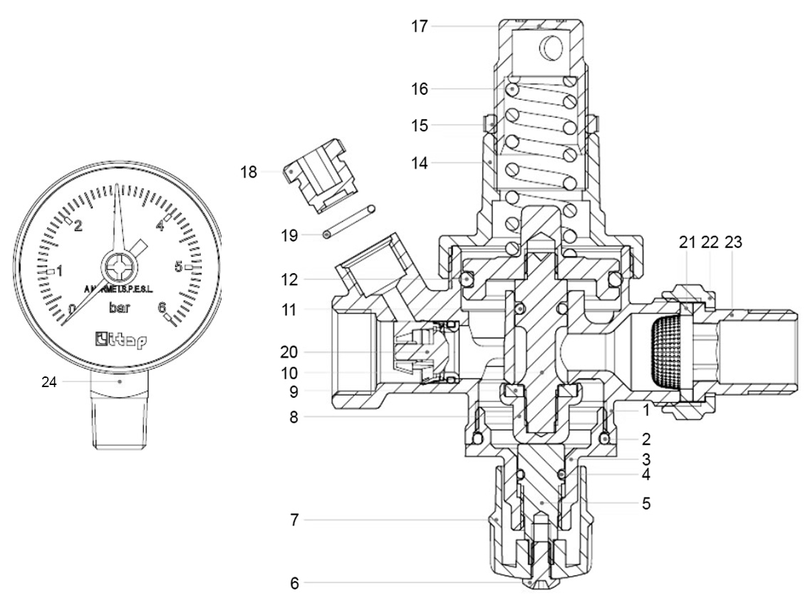 Клапан подпиточный ITAP 146 1/2″ Ду15 Ру16, с манометром и разъемным соединением, присоединение – внутренняя/наружная резьба, корпус – никелированная латунь