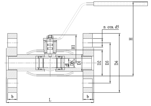 Кран шаровый КВО-АРМ серия 12 Ду32 Ру25 фланцевый цельносварной, полный проход, управление ручка-рычаг, корпус – углеродистая сталь