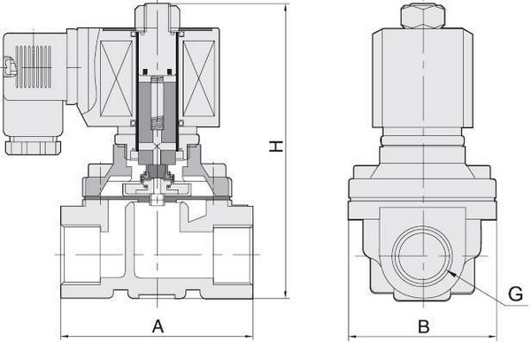 Эскиз Клапан электромагнитный Smart SM-5564 G 1/2″ Ду15 Ру10 резьбовой, прямого действия, нормально открытый, стальной, уплотнение FKM, AC 220V