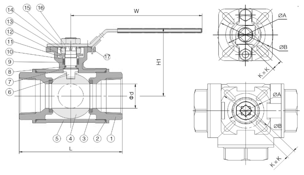 Кран шаровой NewKey NK-BTI/4 3/8″ Ду10 Ру64 L-тип, стандартнопроходной, трехходовой, внутренняя резьба, корпус – нержавеющая сталь AISI304 (CF8)
