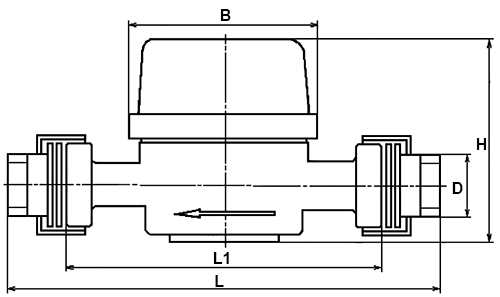 Счетчик холодной воды крыльчатый одноструйный Декаст ОСВХ-25 ДГ1 Ду25 Ру16 резьбовой, импульсный, до 30°С, L=160 мм, в комплекте с монтажным набором