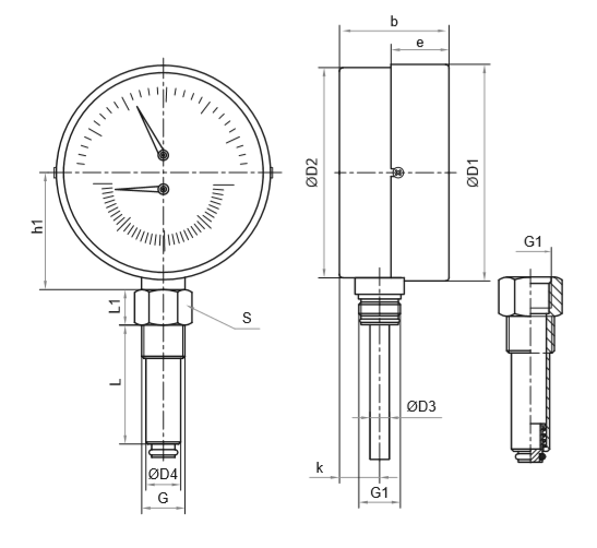 Термоманометр Росма ТМТБ-31Р.2 (0-150С) (0-2,5MПa) G1/2 2,5, корпус 80мм, тип - ТМТБ-31Р.2, длина клапана 64мм, до 150°С, радиальное присоединение, 0-2,5MПa, резьба  G1/2, класс точности 2.5
