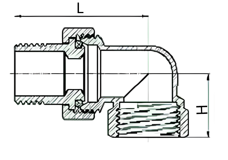 Соединитель SANTECHSYSTEMS 1 1/4″ Ду32 угловой разъемное соединение американка внутренняя-наружная резьба, уплотнение - круглая прокладка O-ring, корпус – латунь, покрытие-никель