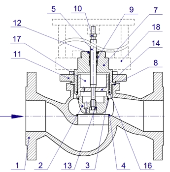 Эскиз Клапан регулирующий двухходовой TRV-T (25ч945нж, 25ч945п) Ду40 Ру16 с электроприводом TSL-1600-25-1-230-IP67
