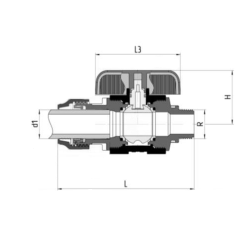 Кран шаровой Valfex компрессионный ПНД Дн20x3/4″ Ру16 полнопроходной цанга-наружная резьба, корпус - полипропилен