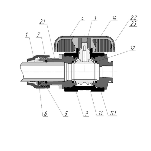 Кран шаровой Valfex компрессионный PP-R Дн20 1″x1″ Ру16 полнопроходной внутренняя-внутренняя резьба, корпус - полипропилен