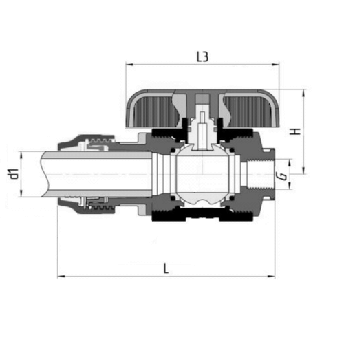 Кран шаровой Valfex компрессионный PP-R Дн32x3/4″ Ру16 полнопроходной цанга-внутренняя резьба, корпус - полипропилен
