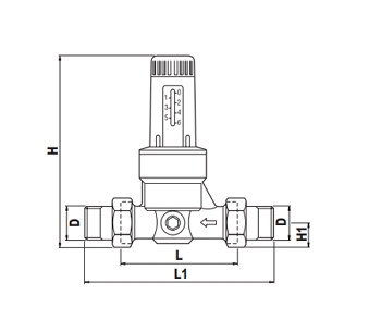 Эскиз Регулятор давления Watts DRV-N 1/2″ Ду15 Ру25 наружная резьба/американка, латунный, мембранный, с выходом под манометр и шкалой регулирования, Рн = 1,5 - 6 бар (10015770)